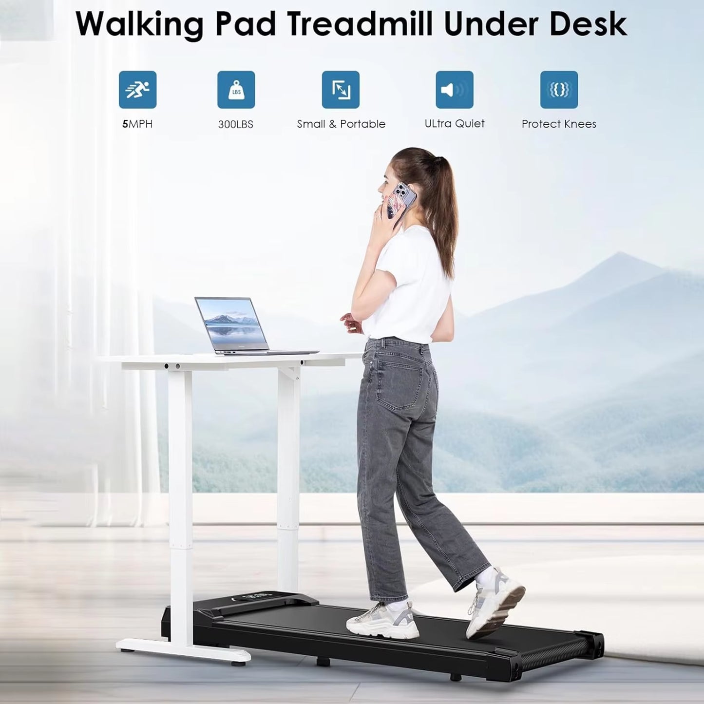 Walking Pad under Desk Treadmill, 5MPH Portable Treadmill Home Quiet Lightweight Flat Treadmill Pad 300Lb Capacity 2.5HP
